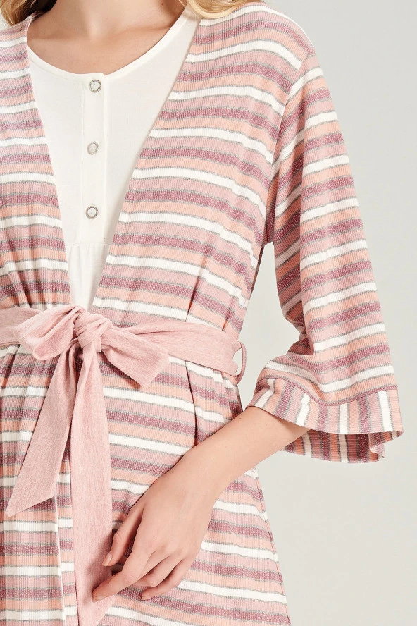 Kadın Simli Çizgi Desenli Yakası Düğmeli 3'lü Belden Kuşaklı Pijama Takımı - 2