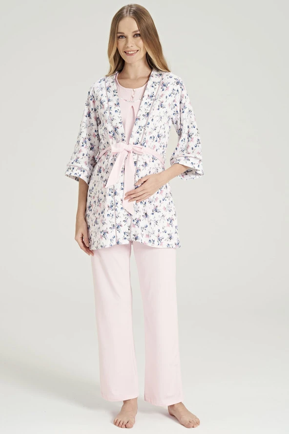 Kadın Çicek Desenli Yakası Düğmeli 3'lü Belden Kuşaklı Lohusa Pijama Takımı - 2