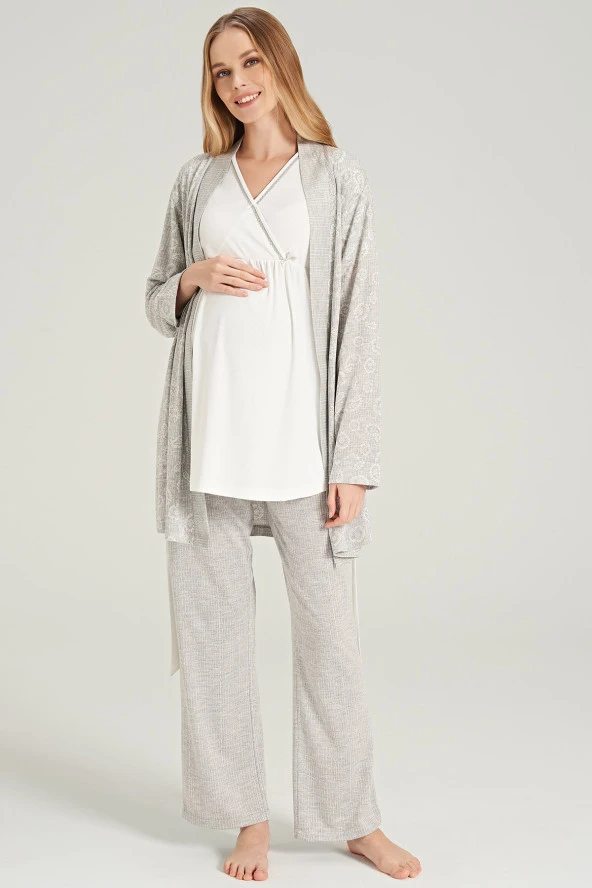 Kadın Gri Şal Desenli Yaka Detaylı 3'lü Belden Kuşaklı Lohusa Pijama Takımı - 2