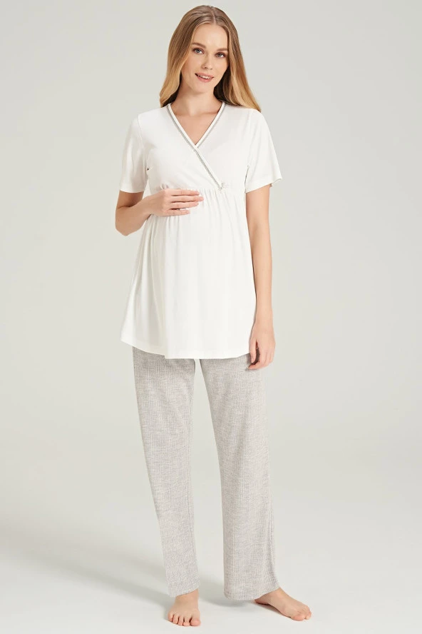 Kadın Gri Şal Desenli Yaka Detaylı 3'lü Belden Kuşaklı Lohusa Pijama Takımı - 3