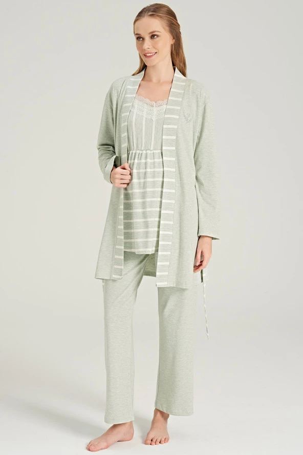 Kadın Kahve Renkli Çizgi Desenli İp Askılı Yakası Dantel Detaylı 3'lü Belden Kuşaklı Pijama Takımı - 2