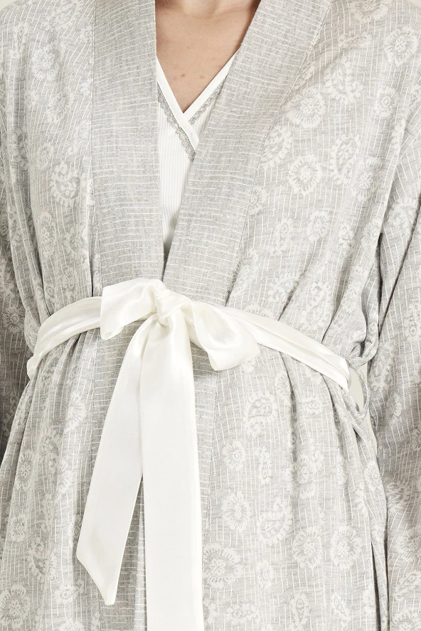 Kadın Gri Şal Desenli Yaka Detaylı 3'lü Belden Kuşaklı Lohusa Pijama Takımı - 4