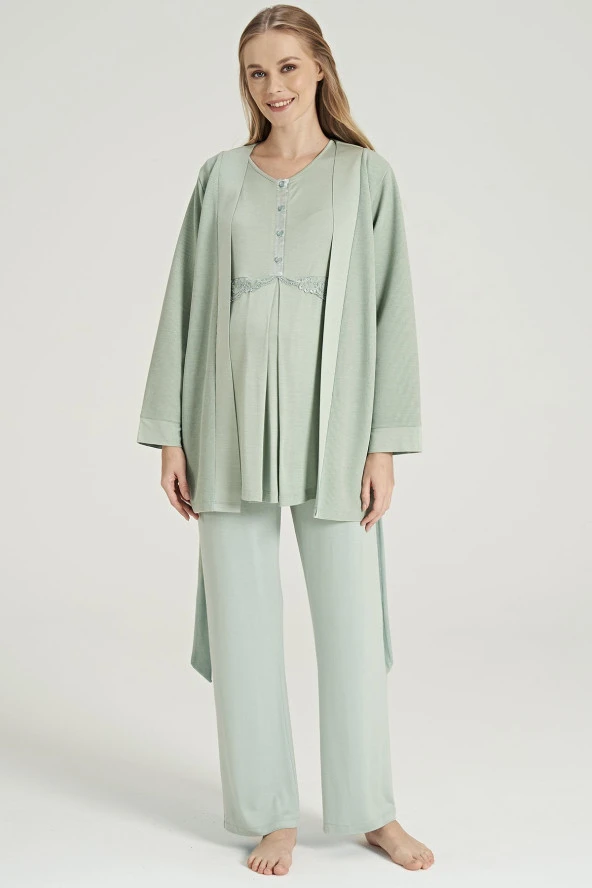 Kadın Kiremit Renkli Petekli Yakası Düğmeli 3'lü Beden Kuşaklı Lohusa Pijama Takımı - 2