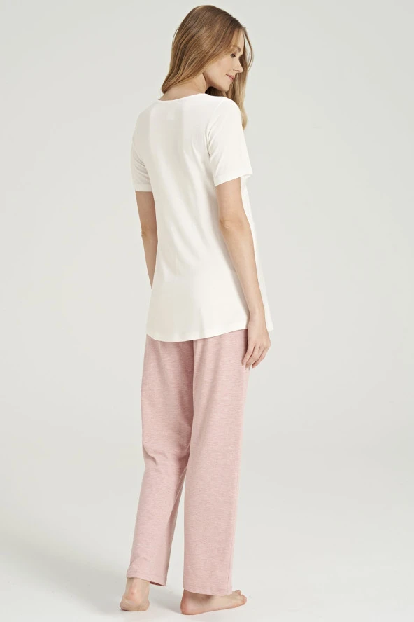 Kadın Simli Çizgi Desenli Yakası Düğmeli 3'lü Belden Kuşaklı Pijama Takımı - 7