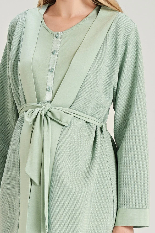 Kadın Kiremit Renkli Petekli Yakası Düğmeli 3'lü Beden Kuşaklı Lohusa Pijama Takımı - 3