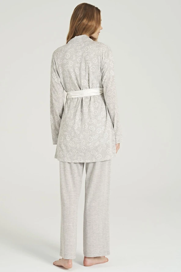 Kadın Gri Şal Desenli Yaka Detaylı 3'lü Belden Kuşaklı Lohusa Pijama Takımı - 6
