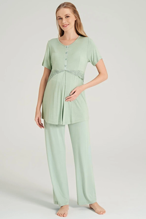 Kadın Kiremit Renkli Petekli Yakası Düğmeli 3'lü Beden Kuşaklı Lohusa Pijama Takımı - 4