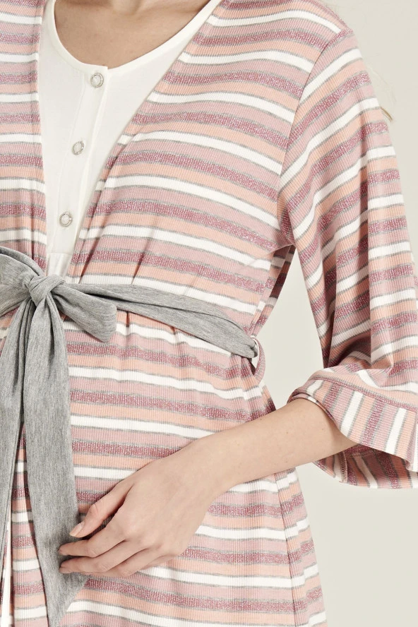 Kadın Simli Çizgi Desenli Yakası Düğmeli 3'lü Belden Kuşaklı Pijama Takımı - 9