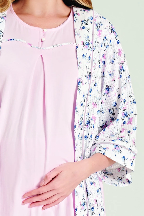 Kadın Çicek Desenli Yakası Düğmeli 3'lü Belden Kuşaklı Lohusa Pijama Takımı - 3