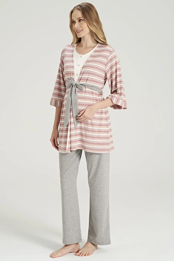 Kadın Simli Çizgi Desenli Yakası Düğmeli 3'lü Belden Kuşaklı Pijama Takımı - 10