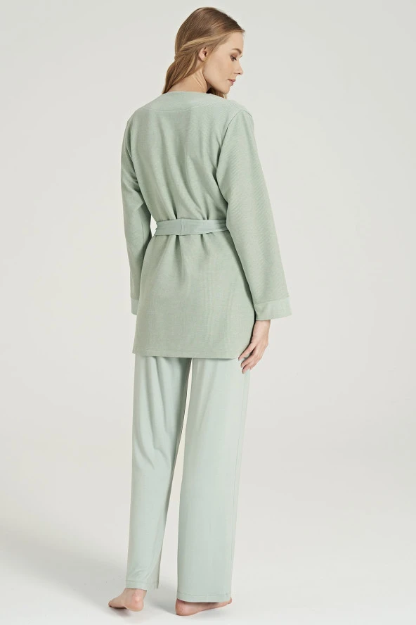 Kadın Kiremit Renkli Petekli Yakası Düğmeli 3'lü Beden Kuşaklı Lohusa Pijama Takımı - 6