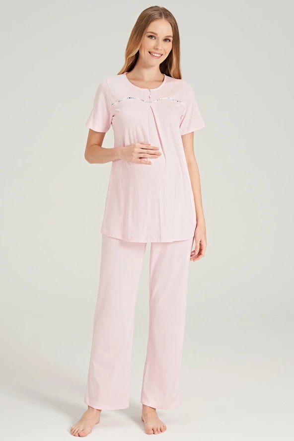 Kadın Çicek Desenli Yakası Düğmeli 3'lü Belden Kuşaklı Lohusa Pijama Takımı - 5