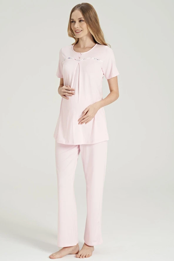 Kadın Çicek Desenli Yakası Düğmeli 3'lü Belden Kuşaklı Lohusa Pijama Takımı - 6