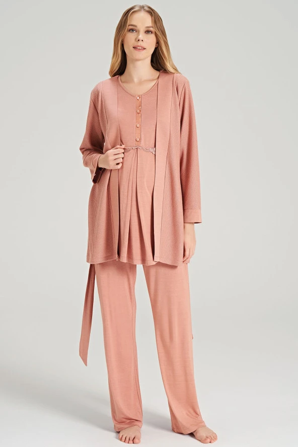 Kadın Kiremit Renkli Petekli Yakası Düğmeli 3'lü Beden Kuşaklı Lohusa Pijama Takımı - 9