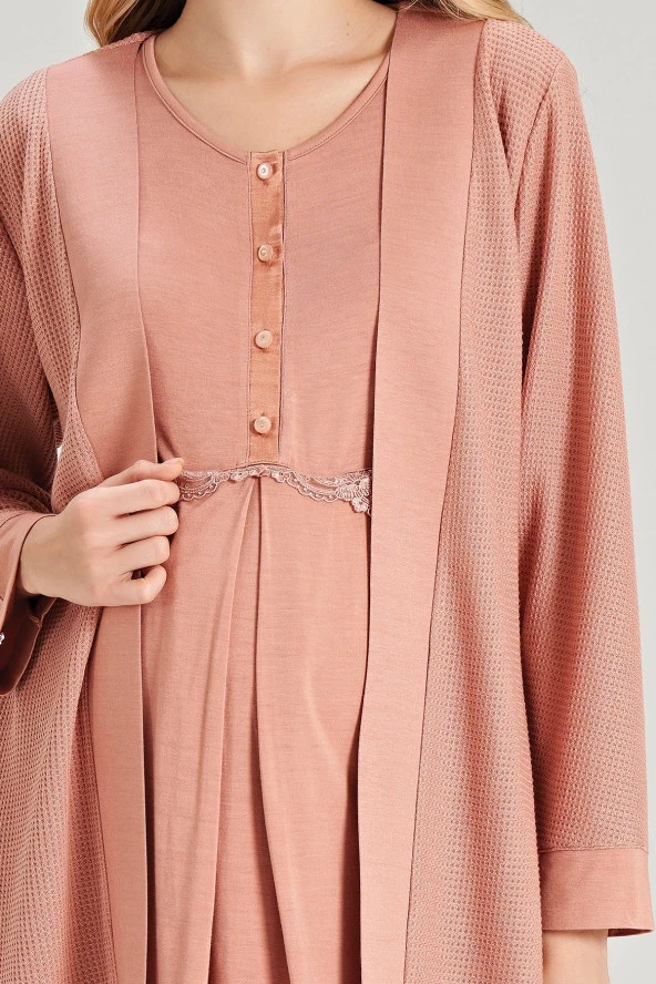 Kadın Kiremit Renkli Petekli Yakası Düğmeli 3'lü Beden Kuşaklı Lohusa Pijama Takımı - 10