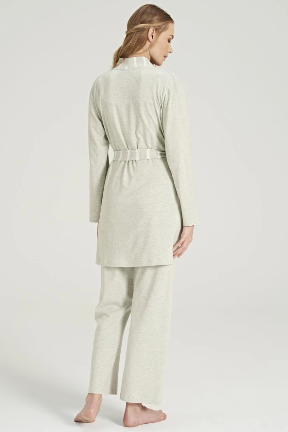 Kadın Kahve Renkli Çizgi Desenli İp Askılı Yakası Dantel Detaylı 3'lü Belden Kuşaklı Pijama Takımı - 6