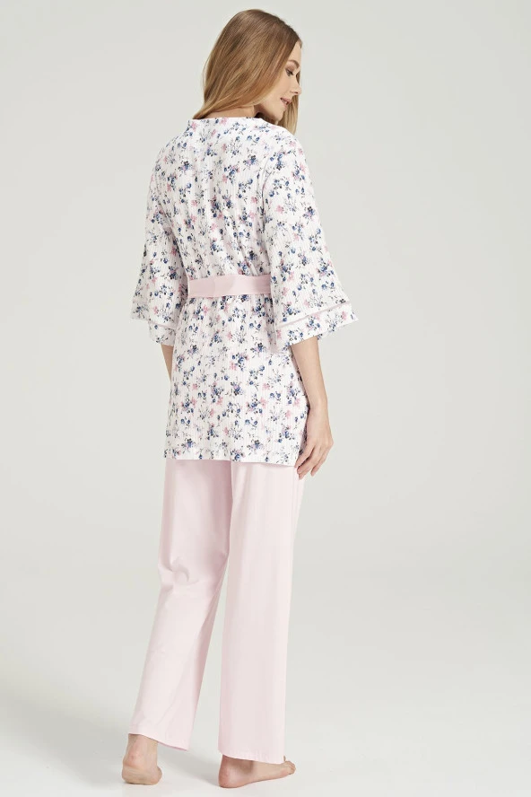 Kadın Çicek Desenli Yakası Düğmeli 3'lü Belden Kuşaklı Lohusa Pijama Takımı - 8