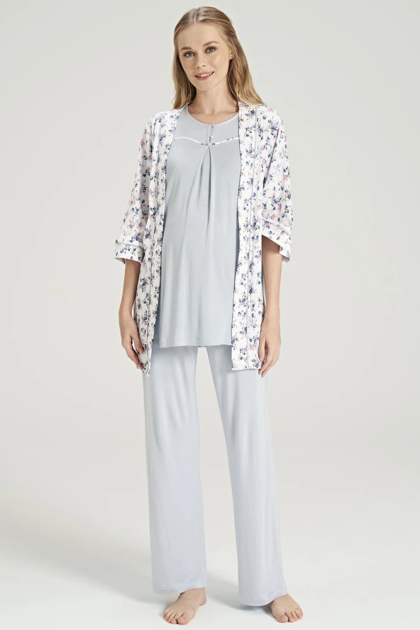 Kadın Çicek Desenli Yakası Düğmeli 3'lü Belden Kuşaklı Lohusa Pijama Takımı - 9
