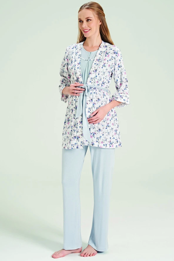 Kadın Çicek Desenli Yakası Düğmeli 3'lü Belden Kuşaklı Lohusa Pijama Takımı - 10