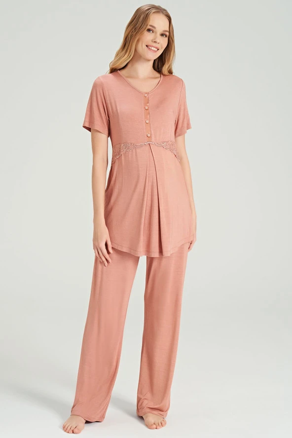 Kadın Kiremit Renkli Petekli Yakası Düğmeli 3'lü Beden Kuşaklı Lohusa Pijama Takımı - 11