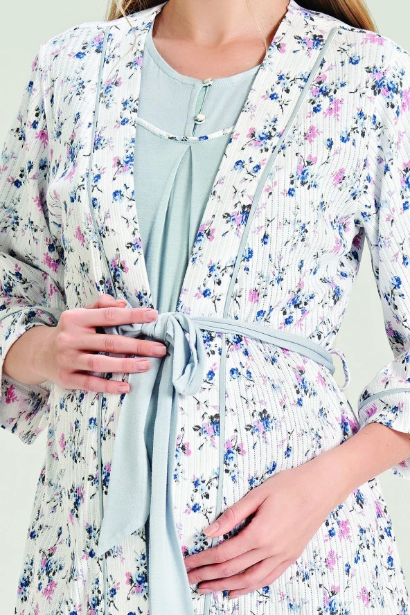 Kadın Çicek Desenli Yakası Düğmeli 3'lü Belden Kuşaklı Lohusa Pijama Takımı - 11