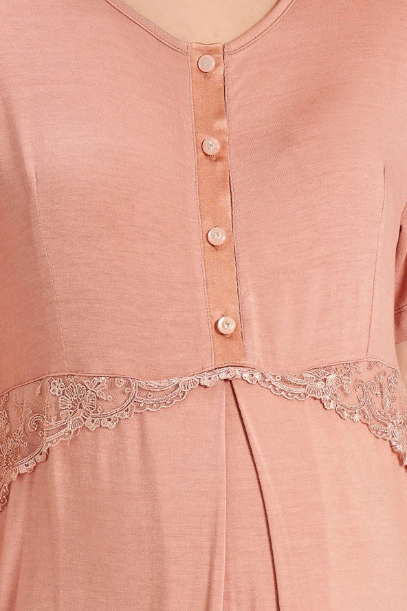 Kadın Kiremit Renkli Petekli Yakası Düğmeli 3'lü Beden Kuşaklı Lohusa Pijama Takımı - 12