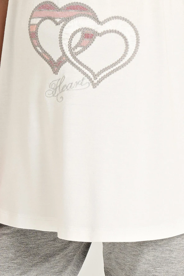 Kadın Simli Çizgi Desenli Yakası Düğmeli 3'lü Belden Kuşaklı Pijama Takımı - 12