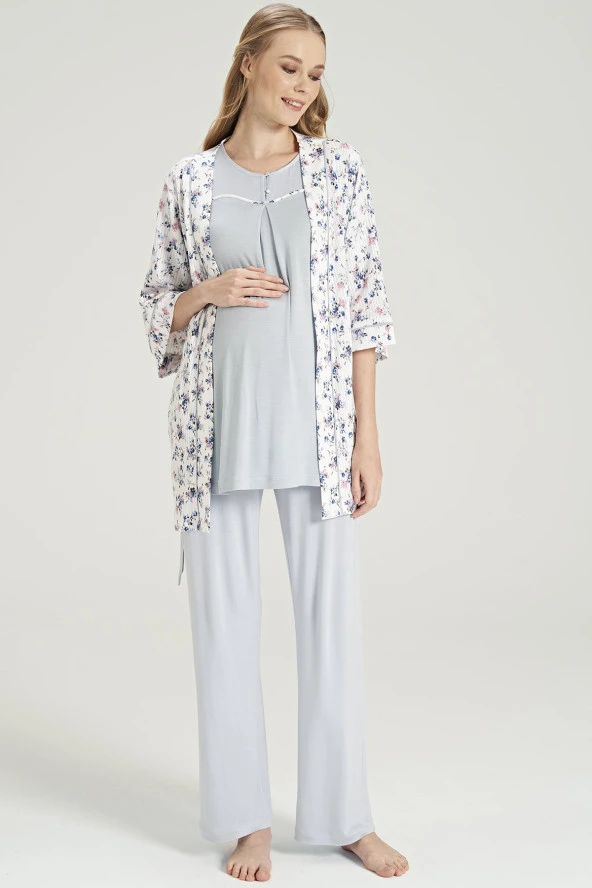 Kadın Çicek Desenli Yakası Düğmeli 3'lü Belden Kuşaklı Lohusa Pijama Takımı - 12
