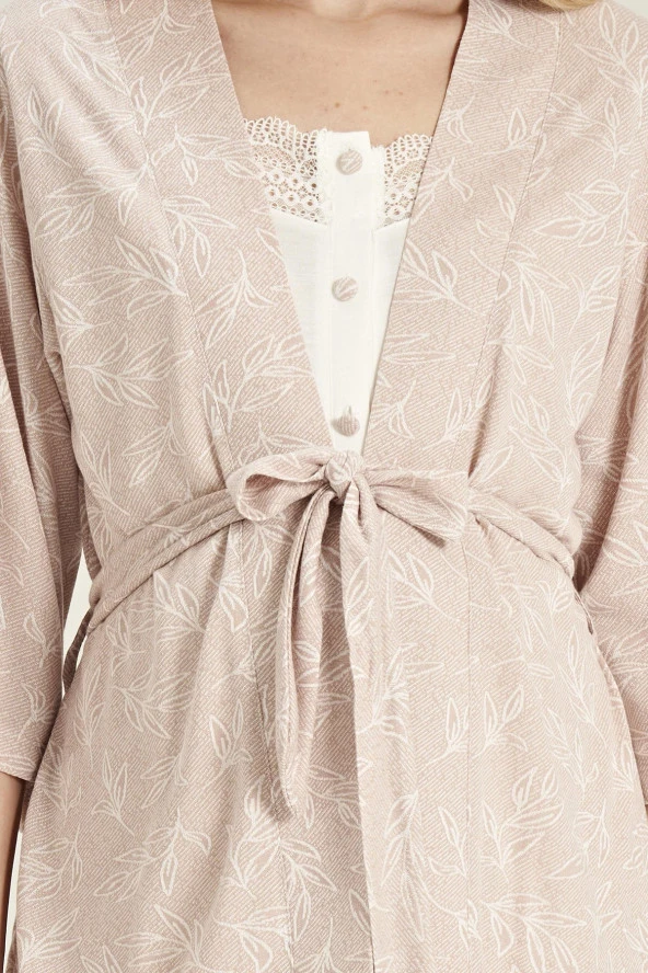 Kadın Yaprak Desenli İpli Yakası Dantel Detaylı Düğmeli Lohusa 3'lü Pijama Takımı - 2