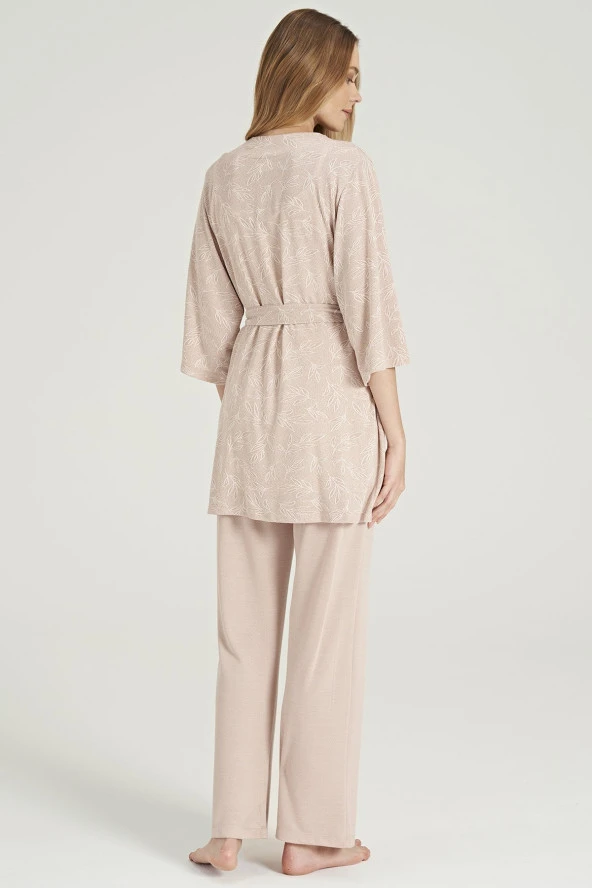 Kadın Yaprak Desenli İpli Yakası Dantel Detaylı Düğmeli Lohusa 3'lü Pijama Takımı - 3