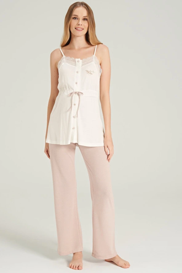 Kadın Yaprak Desenli İpli Yakası Dantel Detaylı Düğmeli Lohusa 3'lü Pijama Takımı - 4