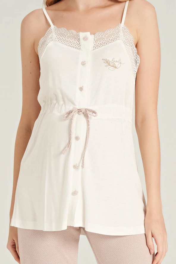 Kadın Yaprak Desenli İpli Yakası Dantel Detaylı Düğmeli Lohusa 3'lü Pijama Takımı - 5