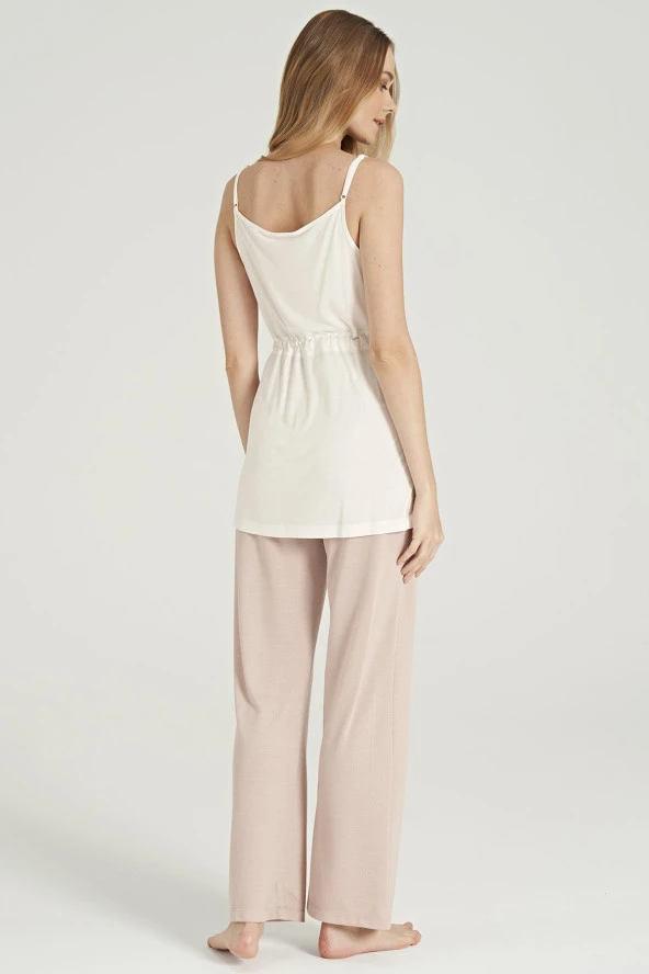 Kadın Yaprak Desenli İpli Yakası Dantel Detaylı Düğmeli Lohusa 3'lü Pijama Takımı - 6