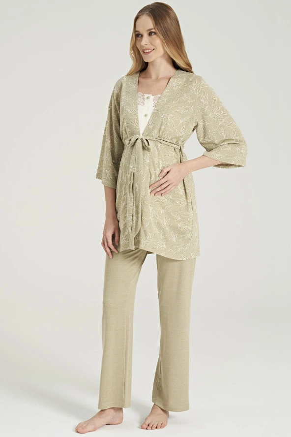 Kadın Yaprak Desenli İpli Yakası Dantel Detaylı Düğmeli Lohusa 3'lü Pijama Takımı - 7