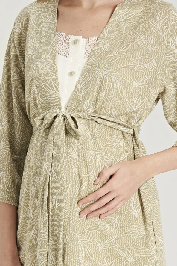 Kadın Yaprak Desenli İpli Yakası Dantel Detaylı Düğmeli Lohusa 3'lü Pijama Takımı - 8