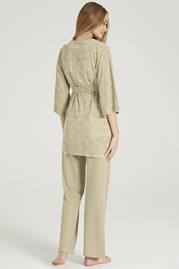 Kadın Yaprak Desenli İpli Yakası Dantel Detaylı Düğmeli Lohusa 3'lü Pijama Takımı - 9