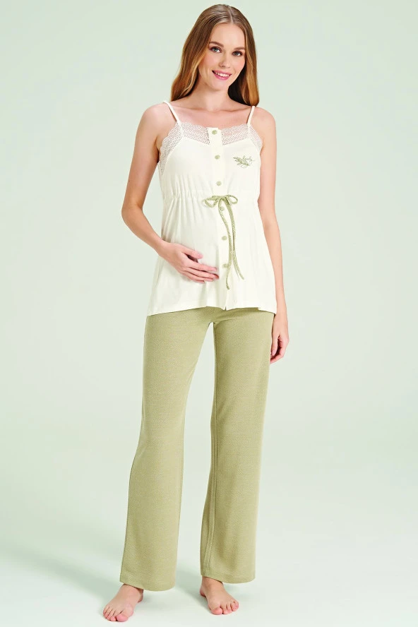 Kadın Yaprak Desenli İpli Yakası Dantel Detaylı Düğmeli Lohusa 3'lü Pijama Takımı - 10