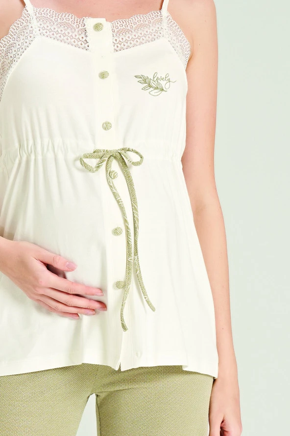 Kadın Yaprak Desenli İpli Yakası Dantel Detaylı Düğmeli Lohusa 3'lü Pijama Takımı - 11