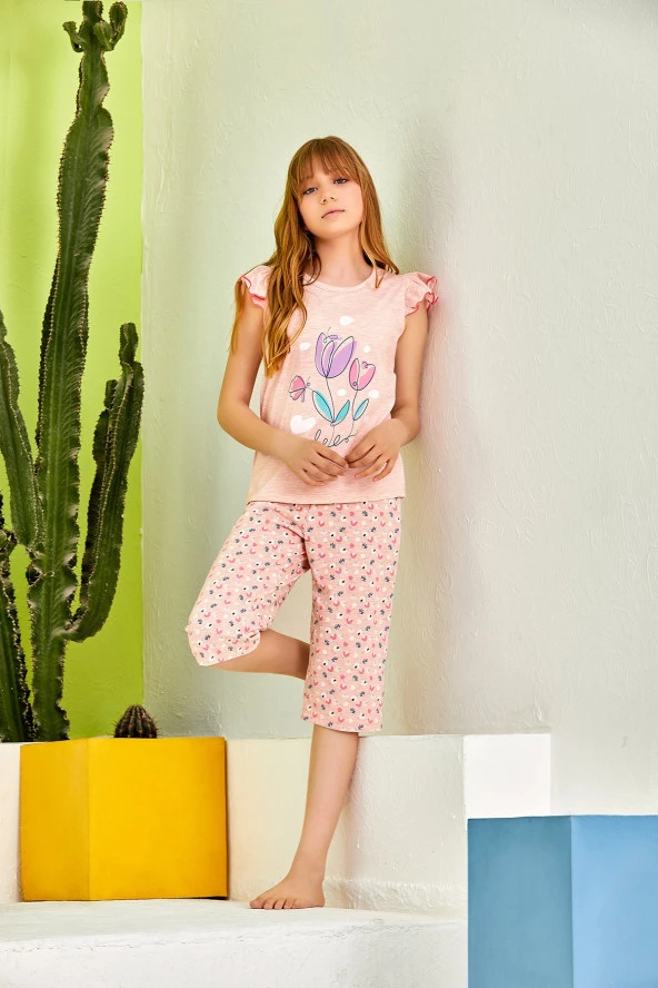 Kız Çocuk Çiçek Desenli Şortlu Pijama Takımı - 2