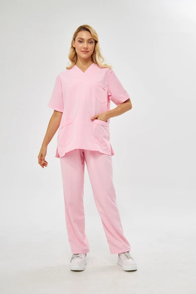 Orange Safety V Yaka Treecotton Pembe Hemşire Takım - 2