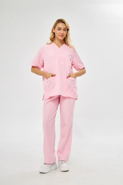 Orange Safety V Yaka Treecotton Pembe Hemşire Takım - 4