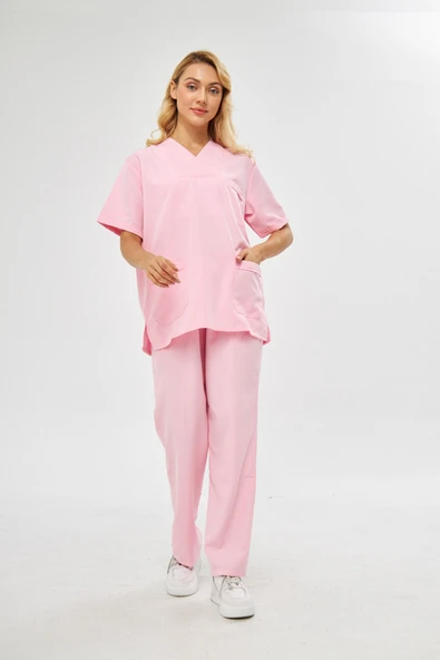 Orange Safety V Yaka Treecotton Pembe Hemşire Takım - 3