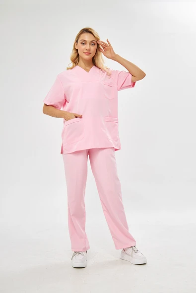 Orange Safety V Yaka Treecotton Pembe Hemşire Takım - 5
