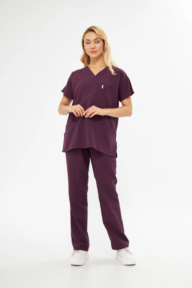 Orange Safety V Yaka Treecotton Mürdüm Rengi Hemşire Takım - 2