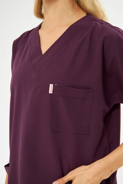 Orange Safety V Yaka Treecotton Mürdüm Rengi Hemşire Takım - 10