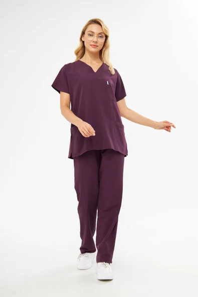 Orange Safety V Yaka Treecotton Mürdüm Rengi Hemşire Takım - 3