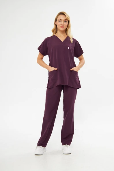 Orange Safety V Yaka Treecotton Mürdüm Rengi Hemşire Takım - 4