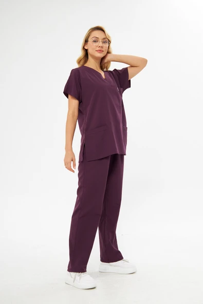 Orange Safety V Yaka Treecotton Mürdüm Rengi Hemşire Takım - 8