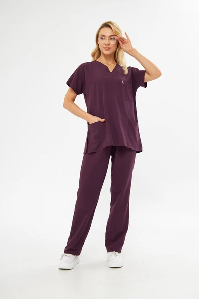 Orange Safety V Yaka Treecotton Mürdüm Rengi Hemşire Takım - 5