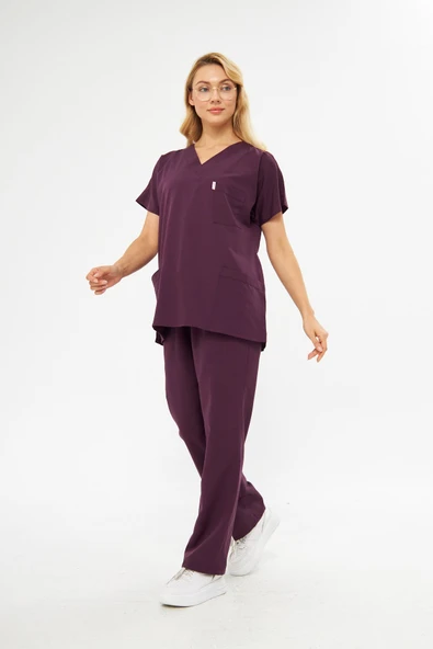 Orange Safety V Yaka Treecotton Mürdüm Rengi Hemşire Takım - 6